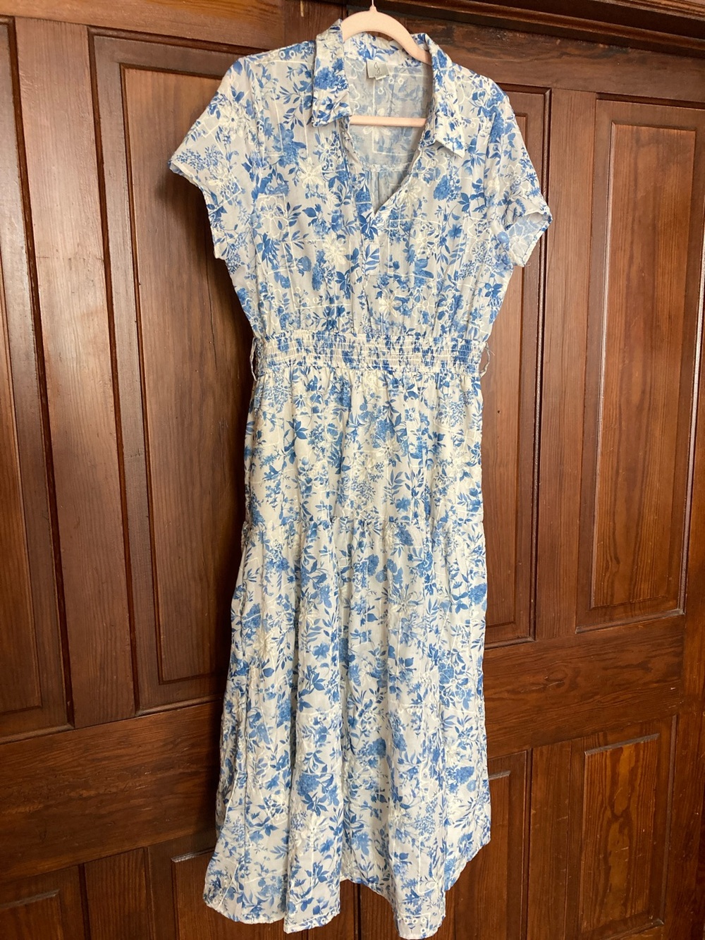 Joie Blue White Floral Embroidered Collared Flowy Short Sleeve Midi Dress XL